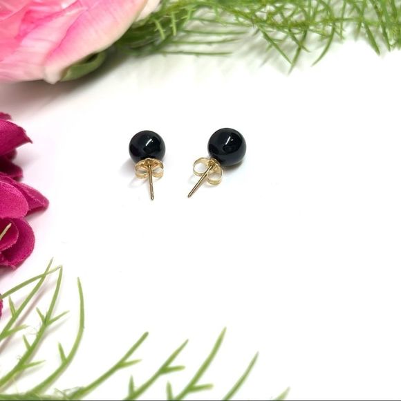 VINTAGE⚜️14K GOLD ONYX Polished 8MM Gemstone Orb Stud Earrings - Picture 6 of 13